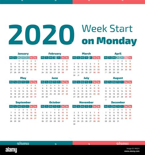 calendar 2020 with week start on monday